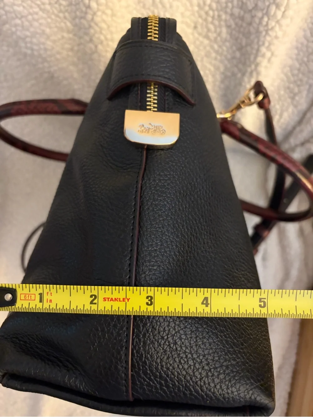 Coach Black Leather Satchel with Brown Signature Pocket and Burgundy Trim